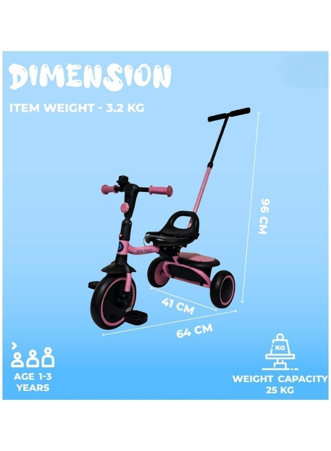 DAT Toddler Tricycle with Adjustable Parent Push Handle, Seat Belt & Rear Basket, EVA Wheels, Steel Frame, Age 1–3 Years, 25 kg Capacity (Approx. 64 x 41 x 96 cm) - Image 4